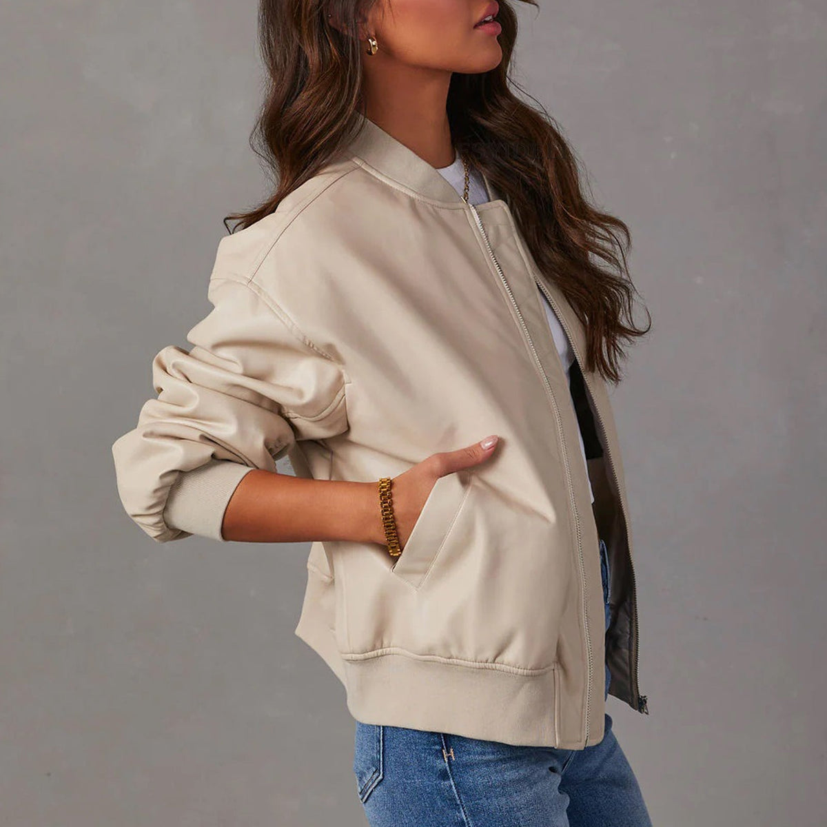 Oversized Leather Bomber Jacket with Ribbed Trim