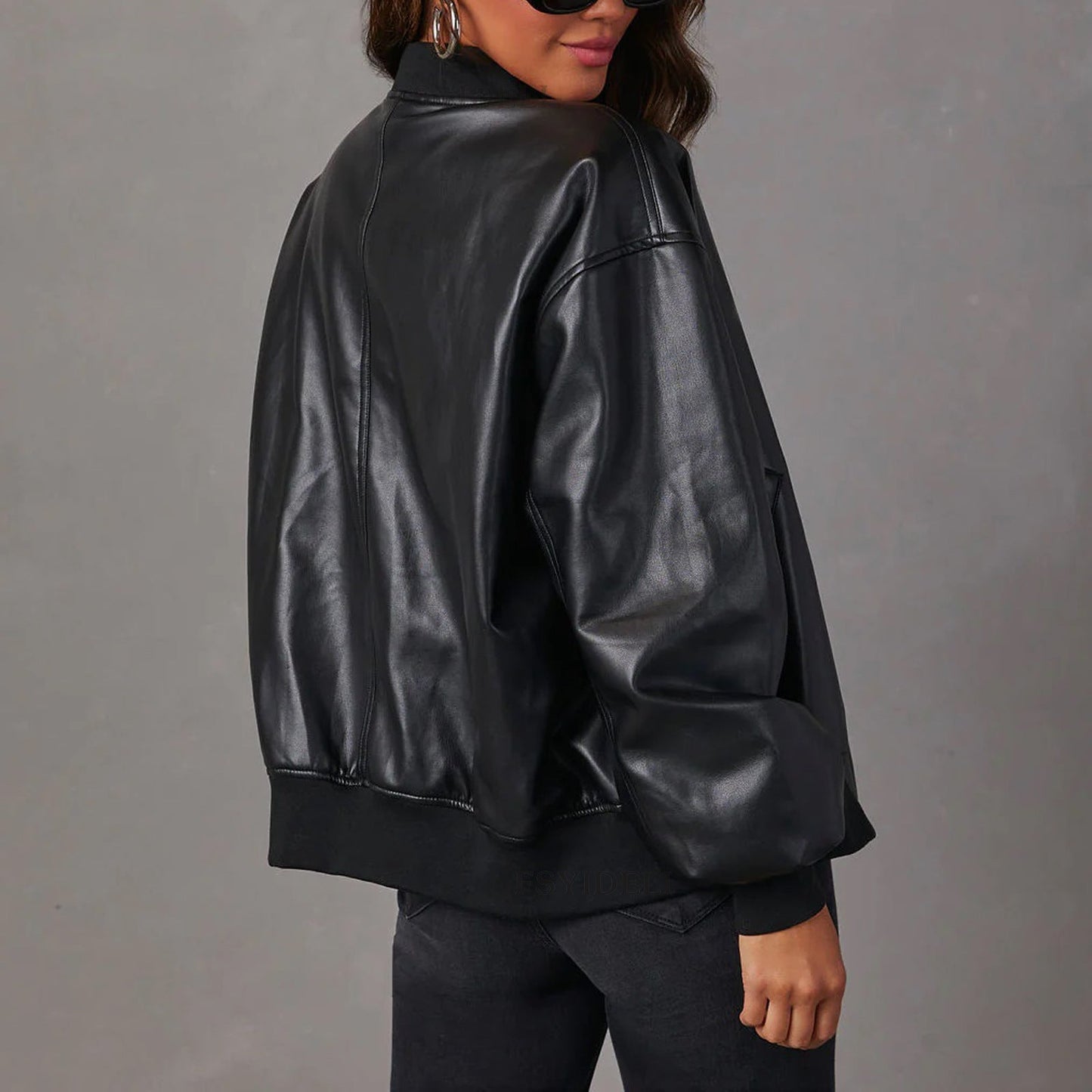 Oversized Leather Bomber Jacket with Ribbed Trim