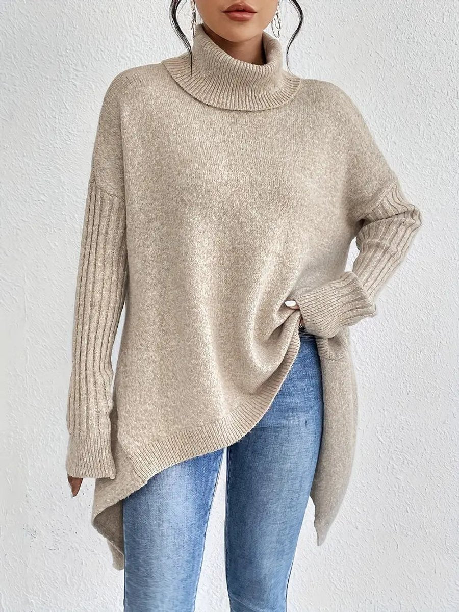 Oversized Turtleneck Sweater with Side Slits and Ribbed Cuffs