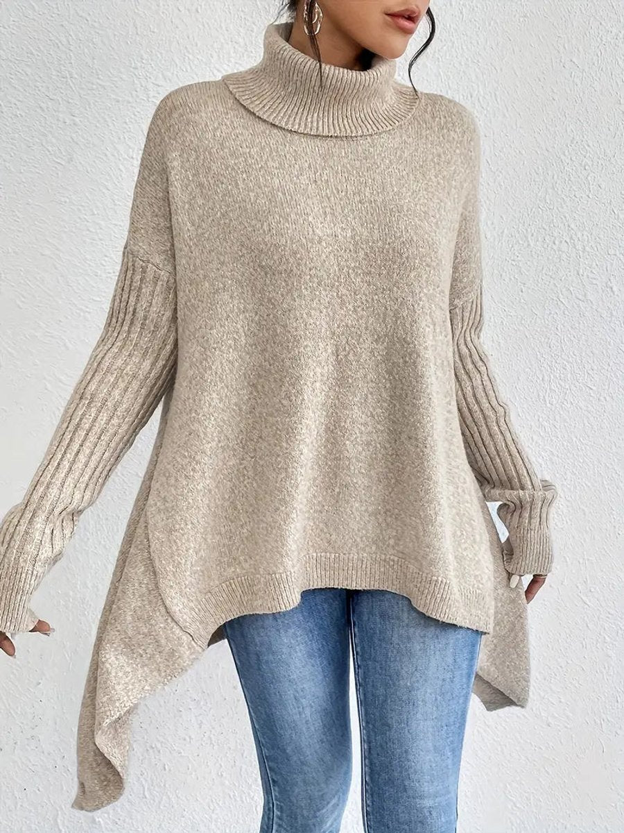 Oversized Turtleneck Sweater with Side Slits and Ribbed Cuffs