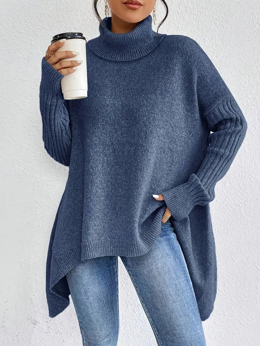 Oversized Turtleneck Sweater with Side Slits and Ribbed Cuffs