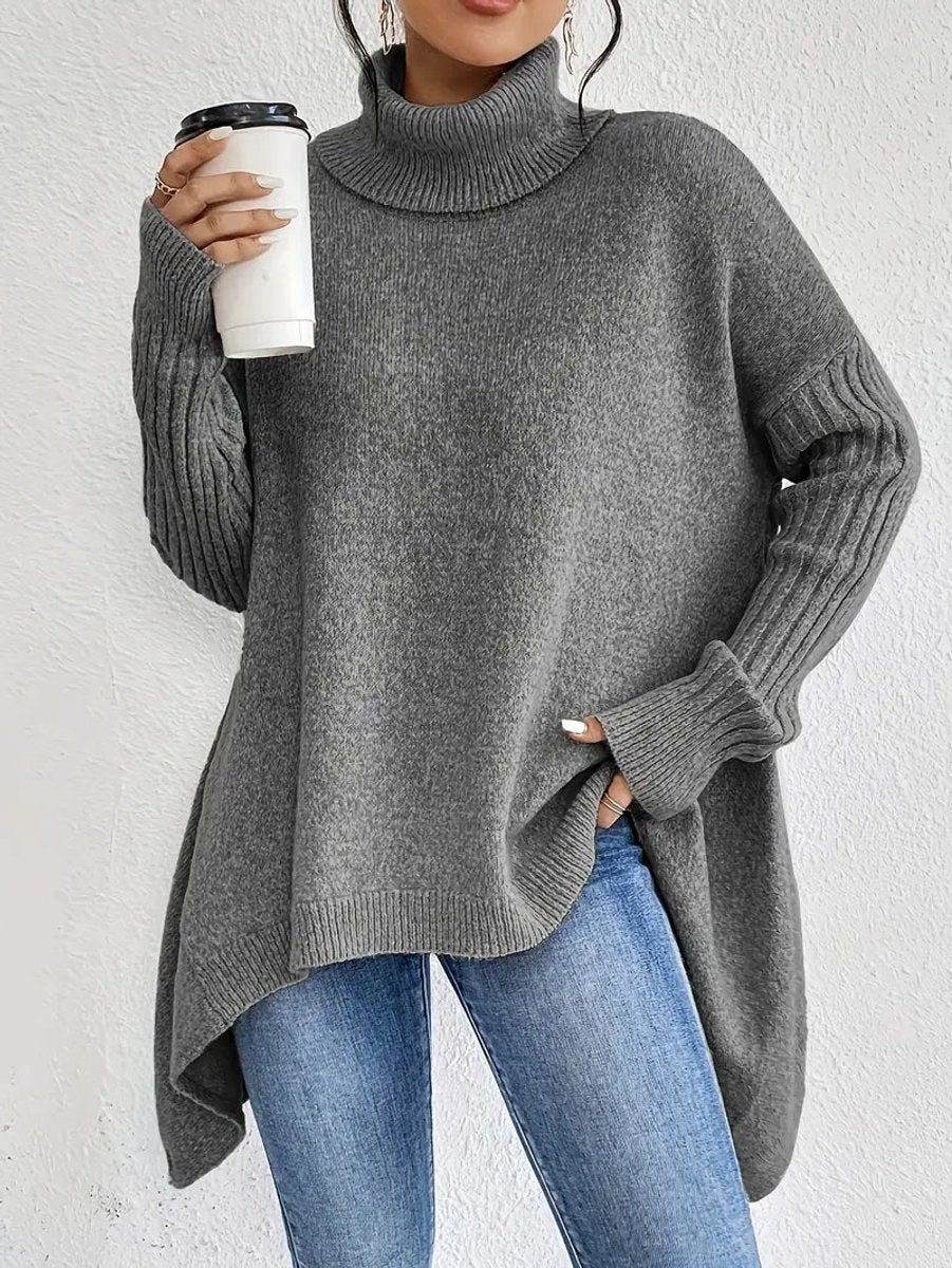 Oversized Turtleneck Sweater with Side Slits and Ribbed Cuffs