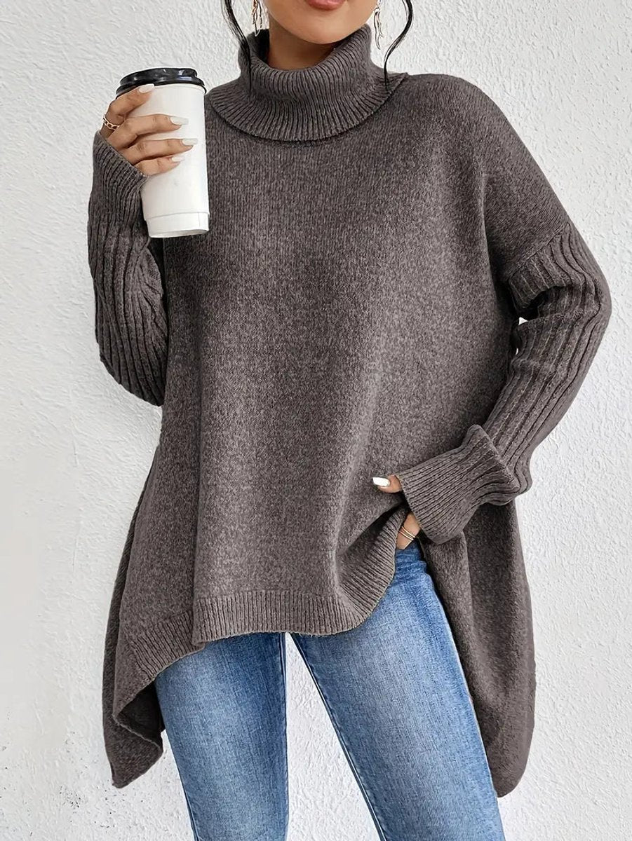 Oversized Turtleneck Sweater with Side Slits and Ribbed Cuffs
