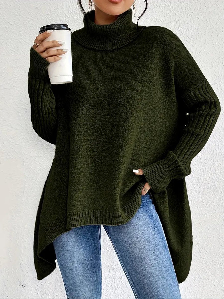 Oversized Turtleneck Sweater with Side Slits and Ribbed Cuffs
