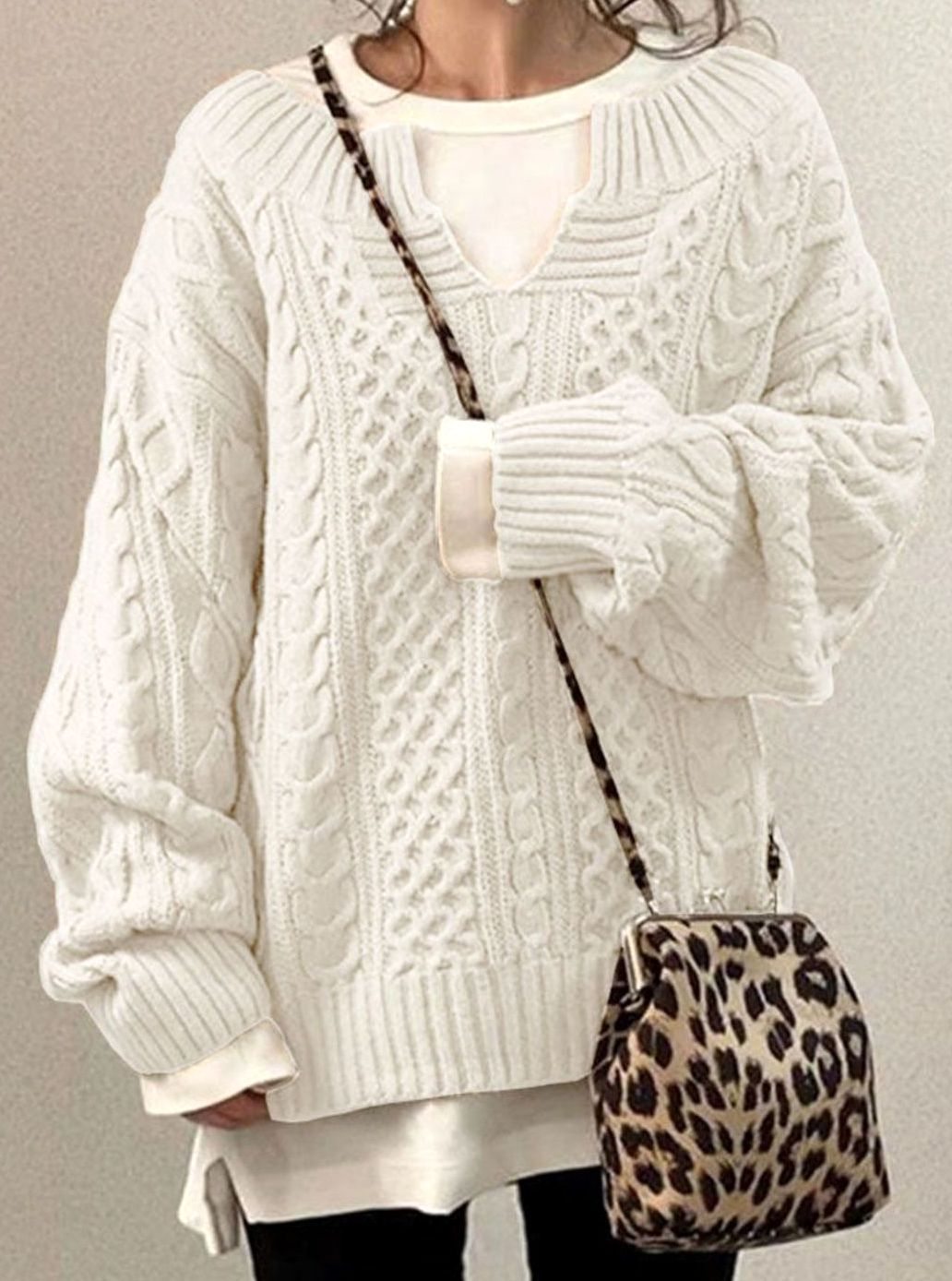 Oversized V-Neck Cable Knit Sweater