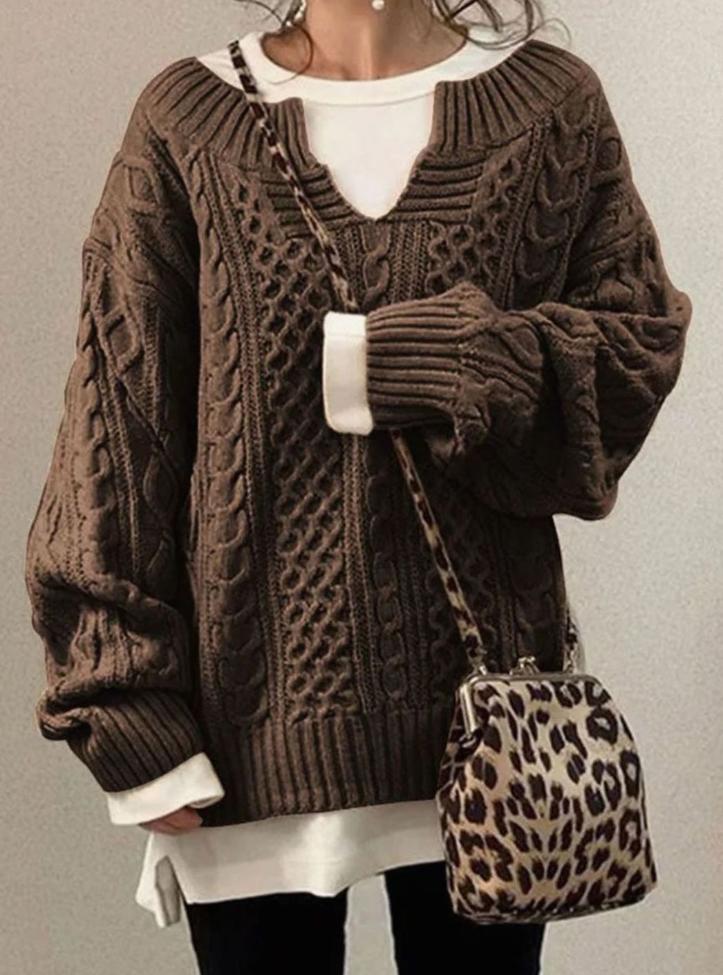 Oversized V-Neck Cable Knit Sweater
