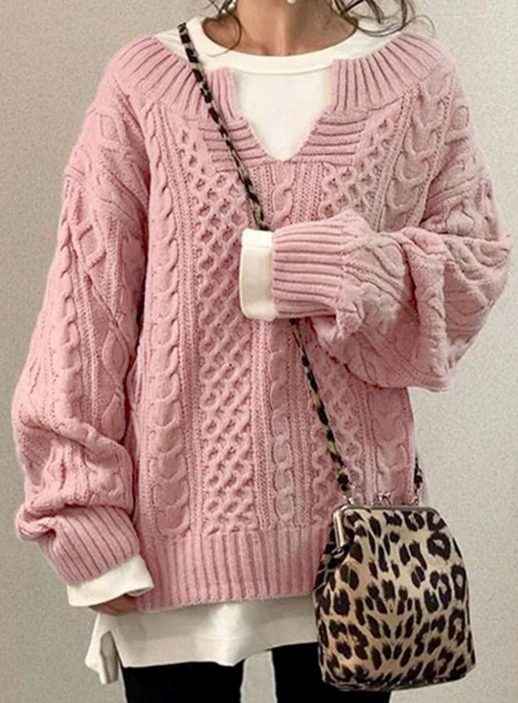 Oversized V-Neck Cable Knit Sweater