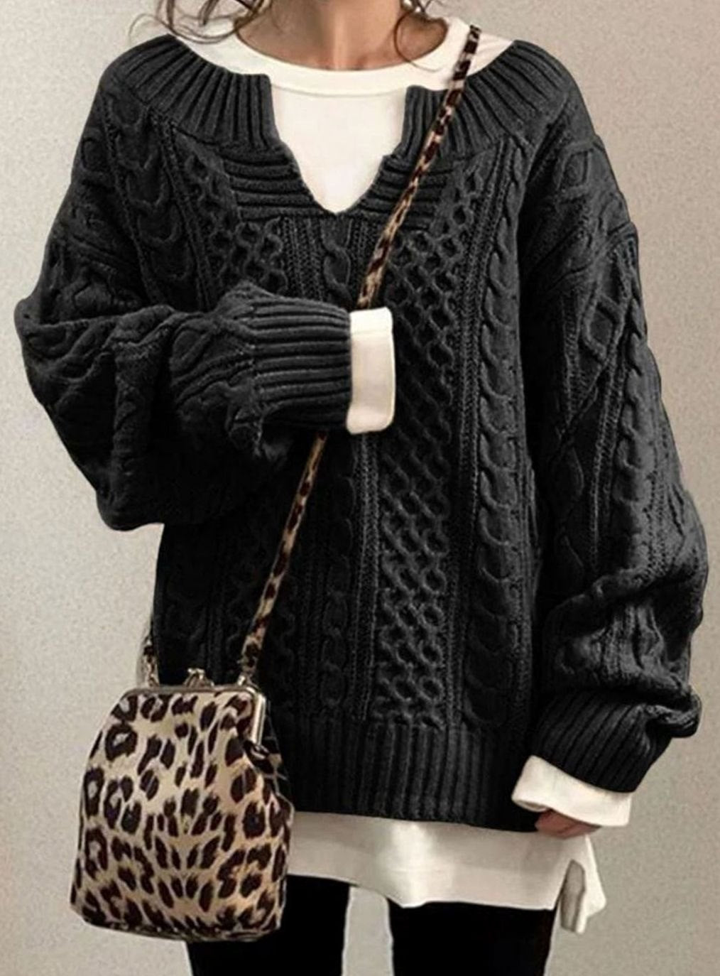 Oversized V-Neck Cable Knit Sweater