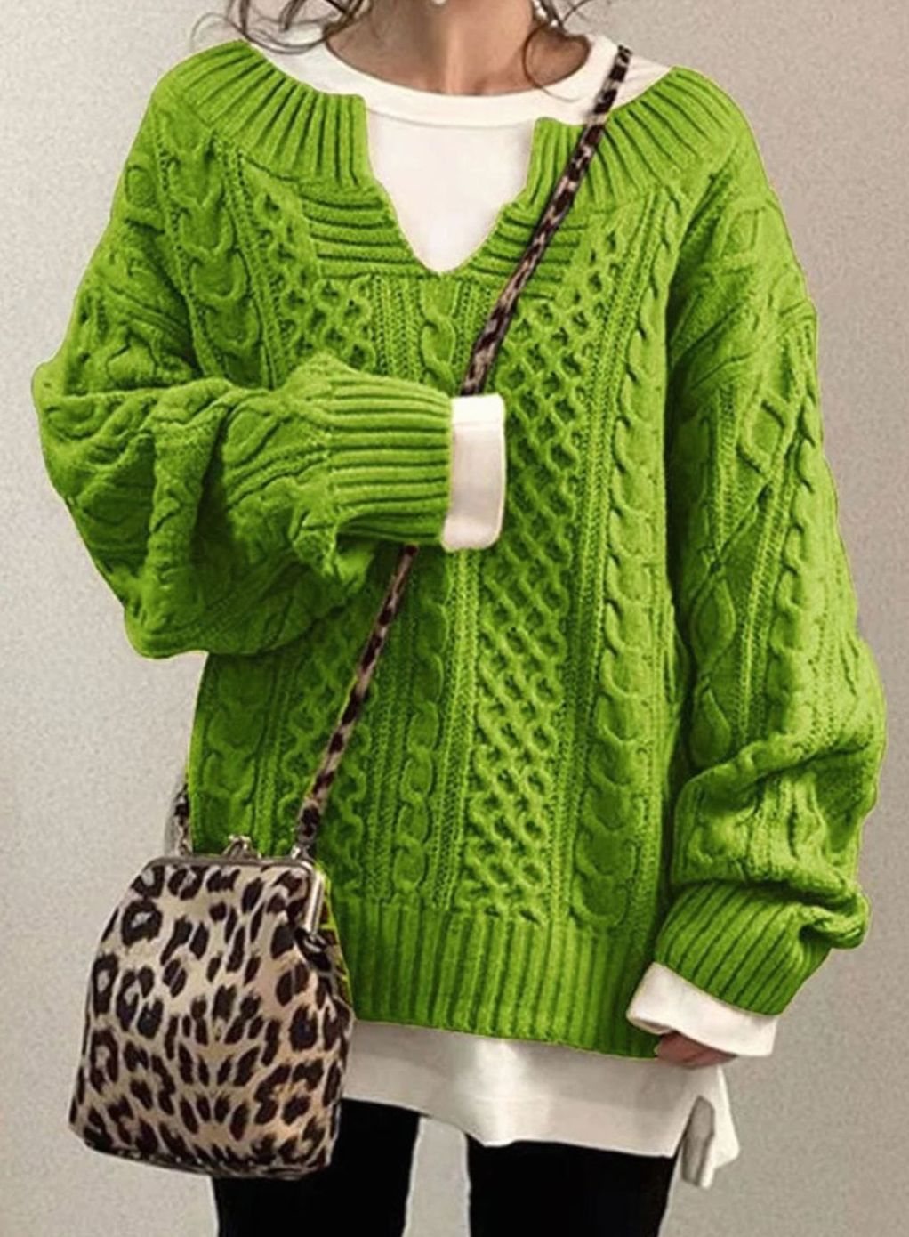 Oversized V-Neck Cable Knit Sweater