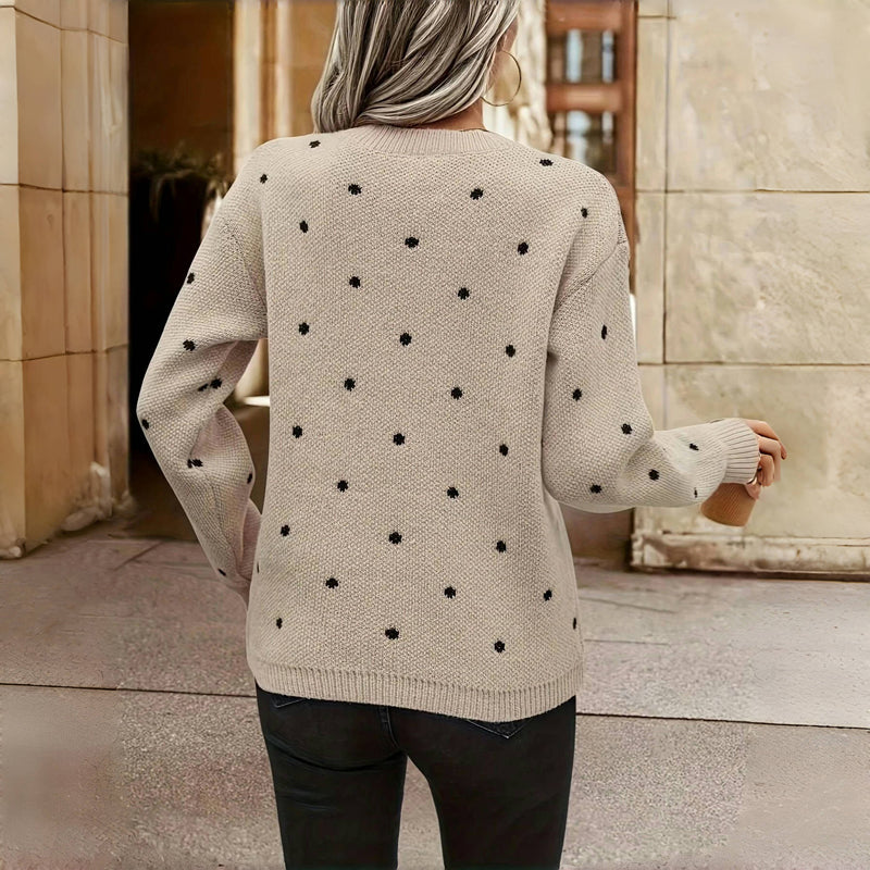 Polka Dot Knit Sweater with Crew Neck and Ribbed Cuffs
