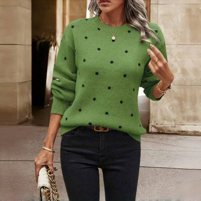 Polka Dot Knit Sweater with Crew Neck and Ribbed Cuffs