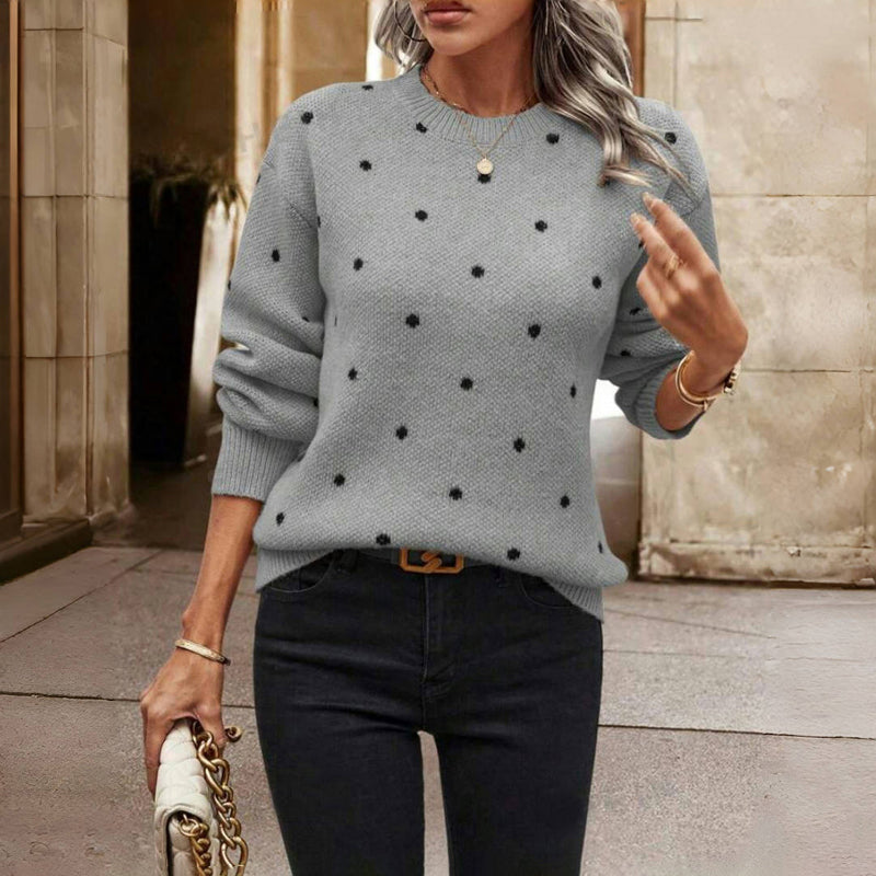 Polka Dot Knit Sweater with Crew Neck and Ribbed Cuffs