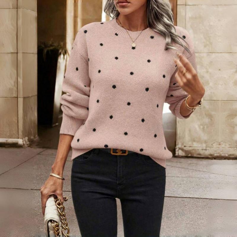 Polka Dot Knit Sweater with Crew Neck and Ribbed Cuffs