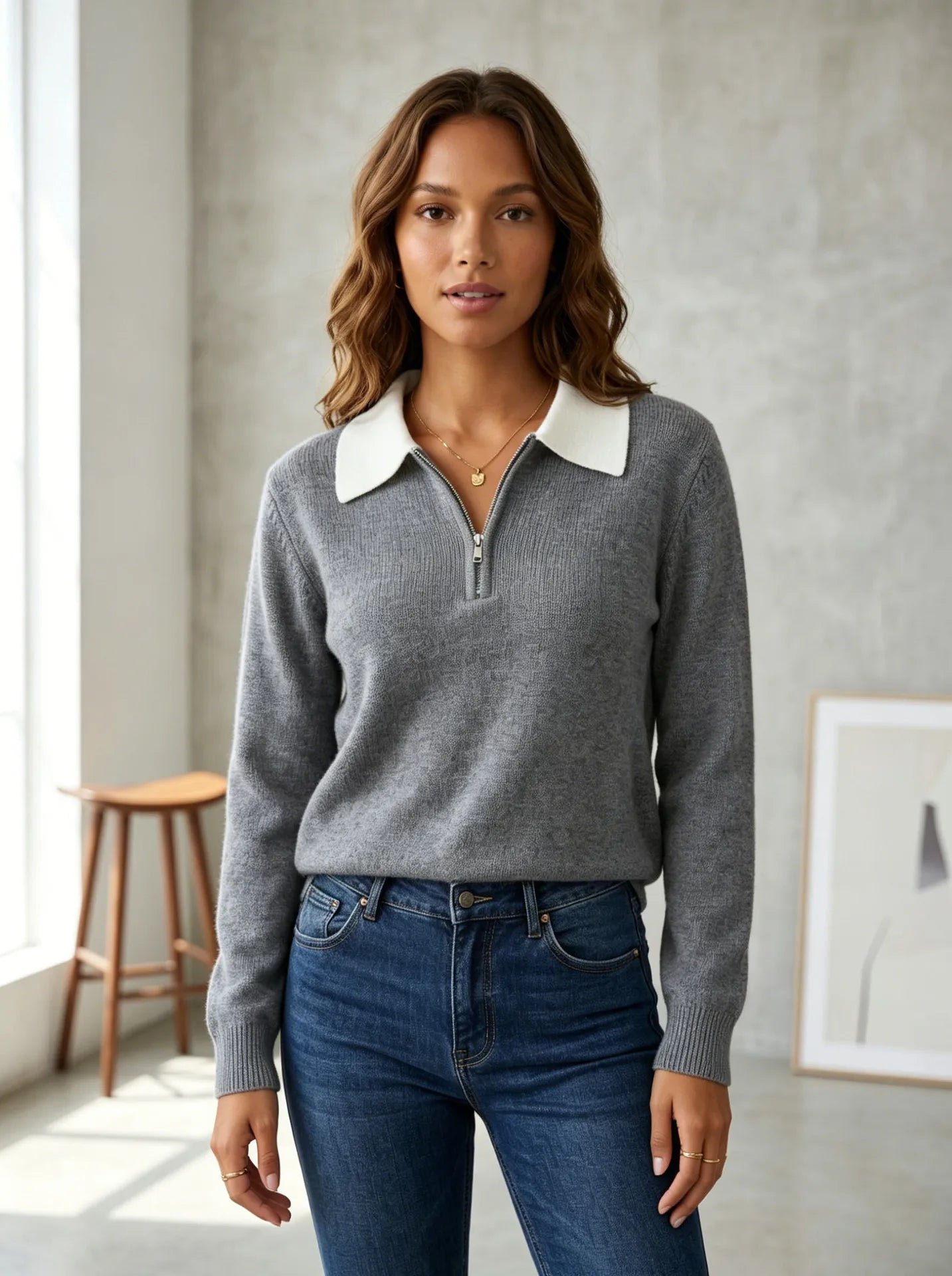 Quarter Zip Knit Sweater with Contrast Collar