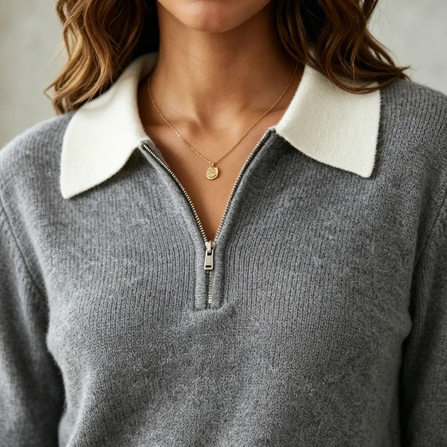Quarter Zip Knit Sweater with Contrast Collar