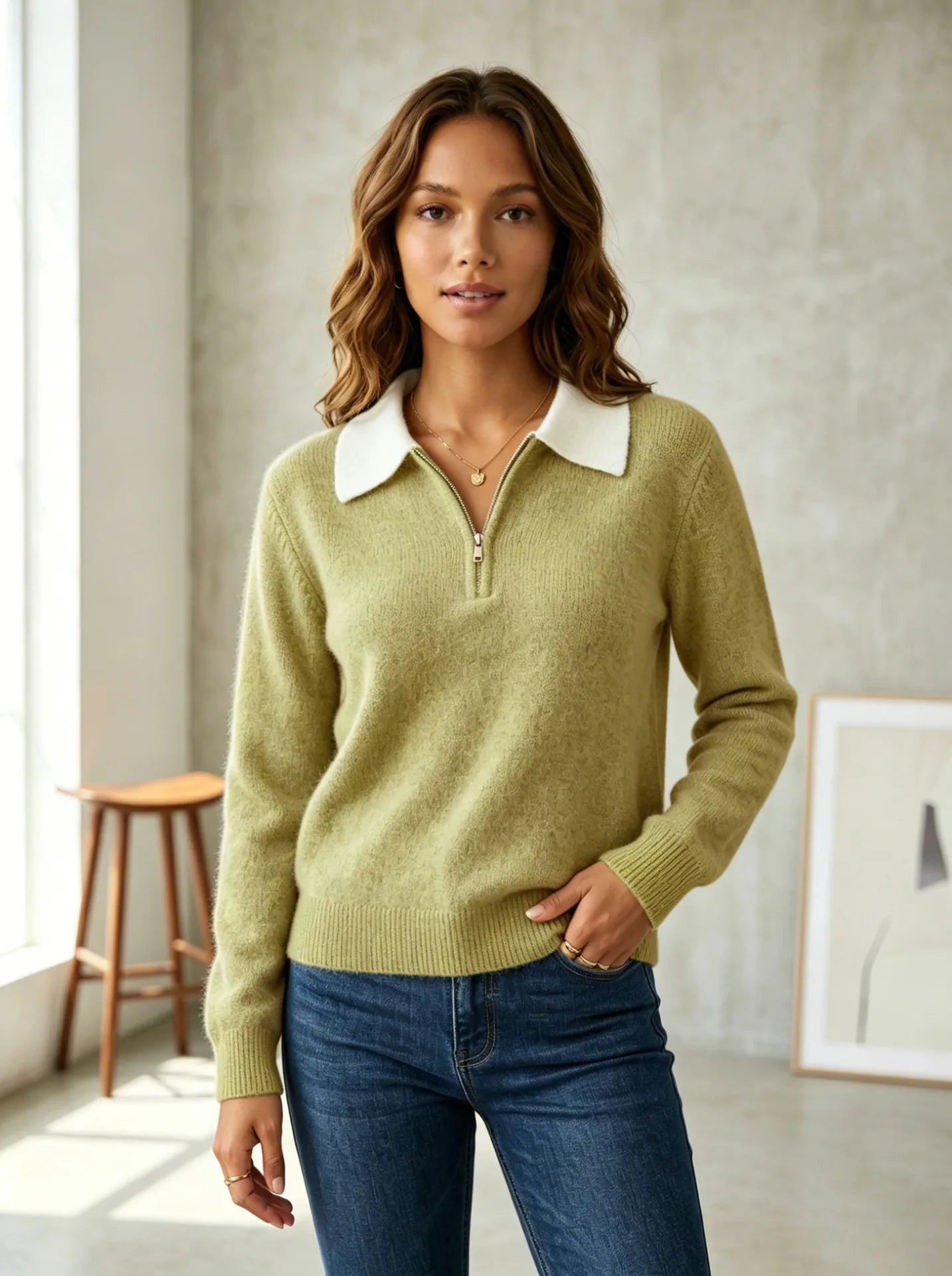 Quarter Zip Knit Sweater with Contrast Collar