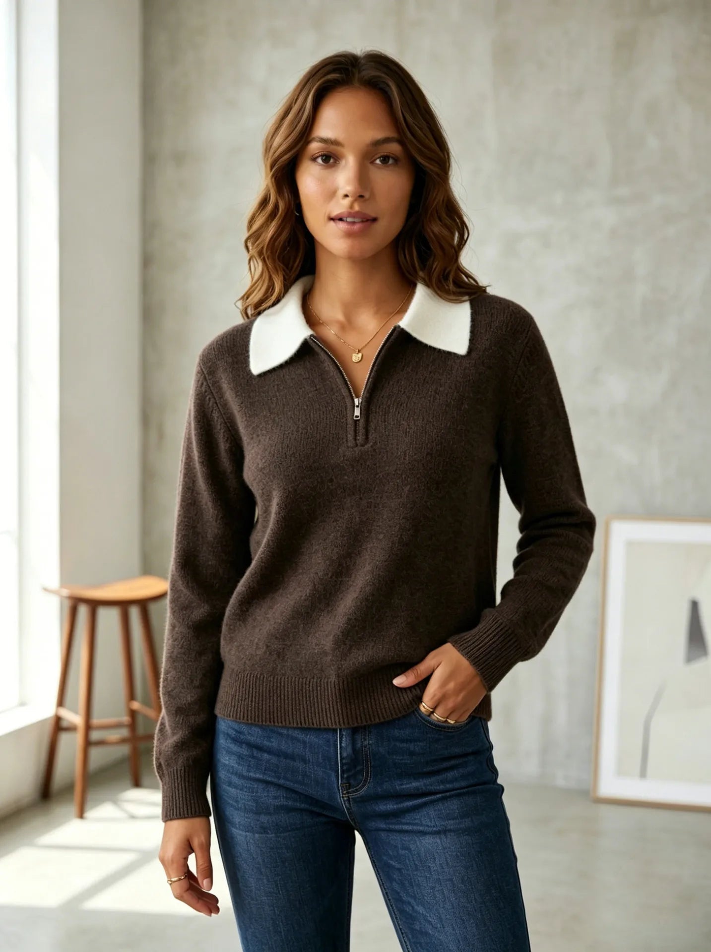 Quarter Zip Knit Sweater with Contrast Collar
