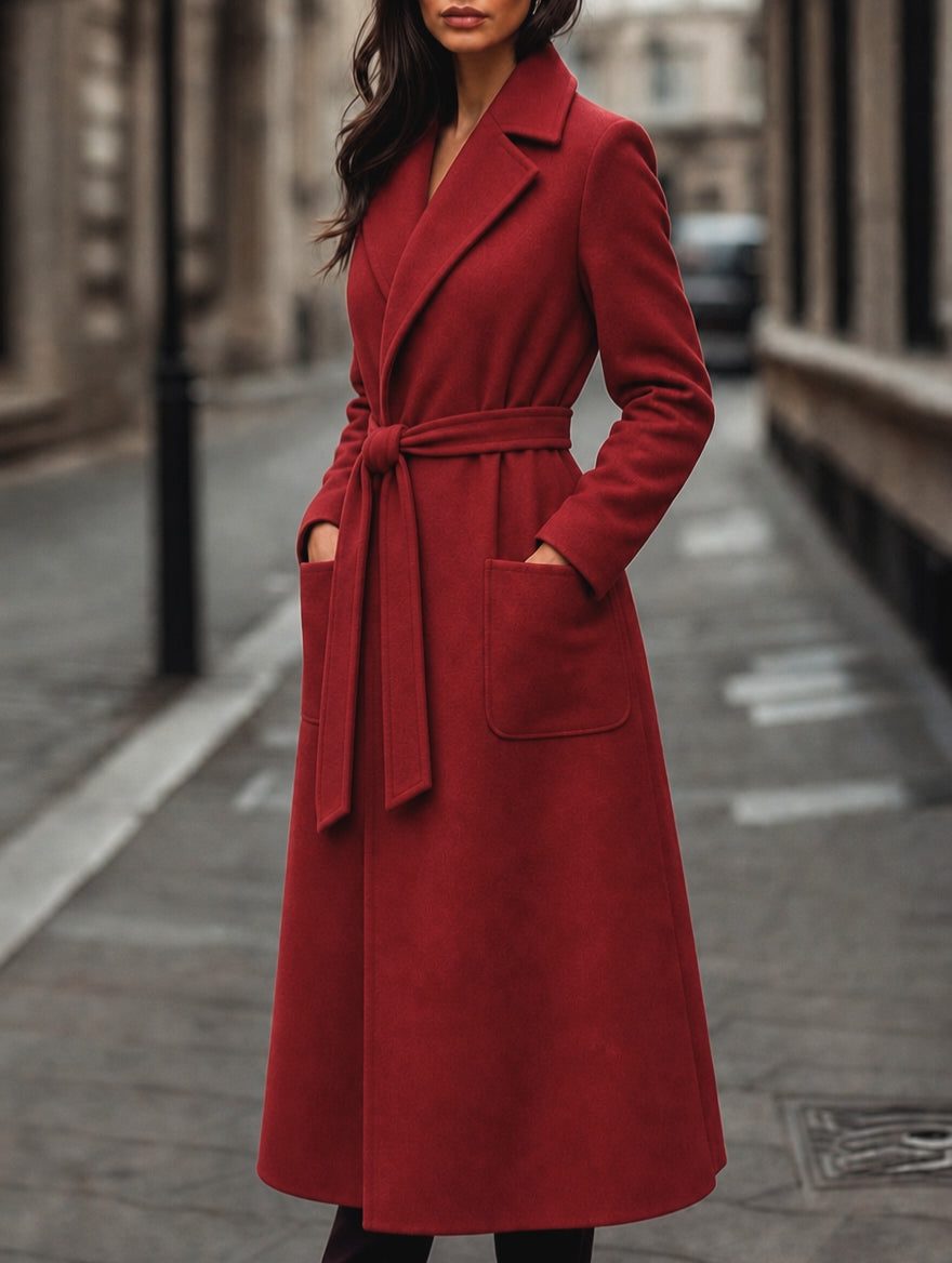 Red Long Belted Wool Coat with Patch Pockets