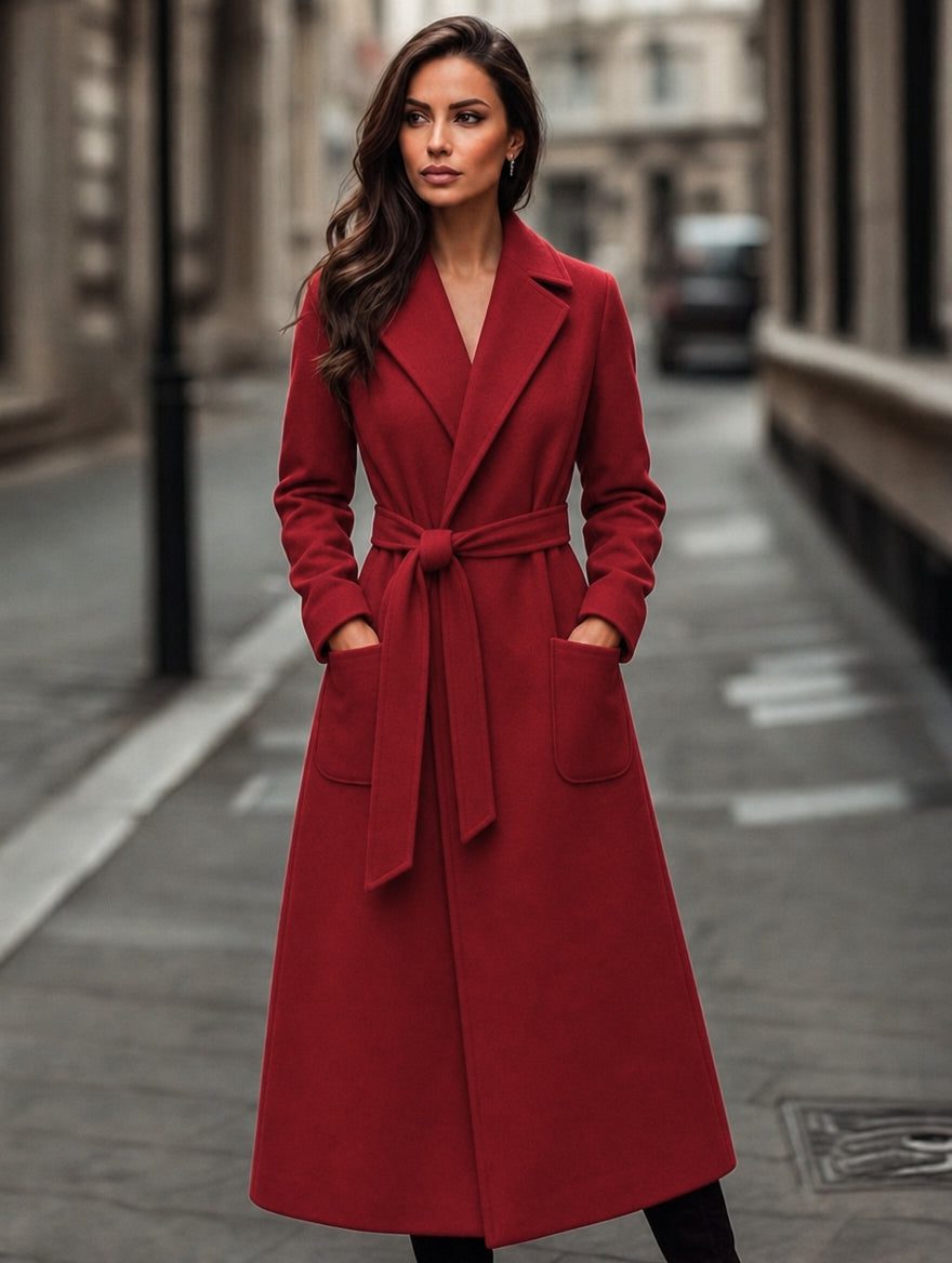 Red Long Belted Wool Coat with Patch Pockets
