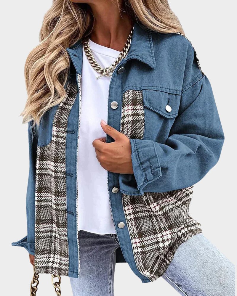 Relaxed Denim Shacket with Plaid Contrast Panels