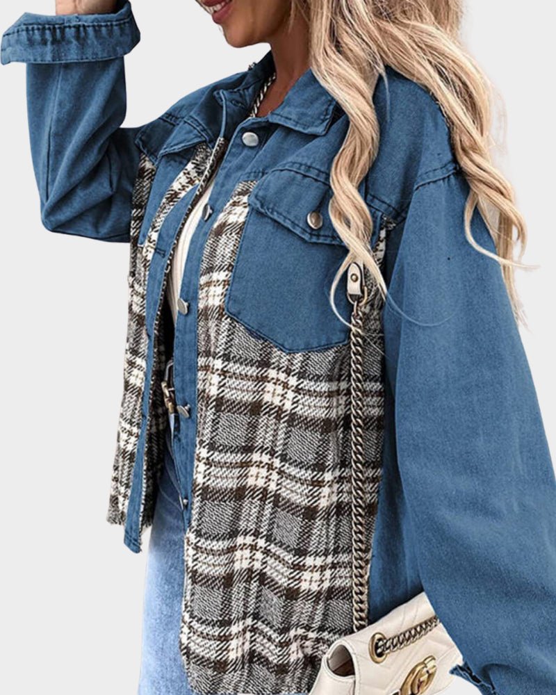 Relaxed Denim Shacket with Plaid Contrast Panels