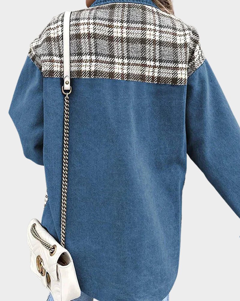 Relaxed Denim Shacket with Plaid Contrast Panels