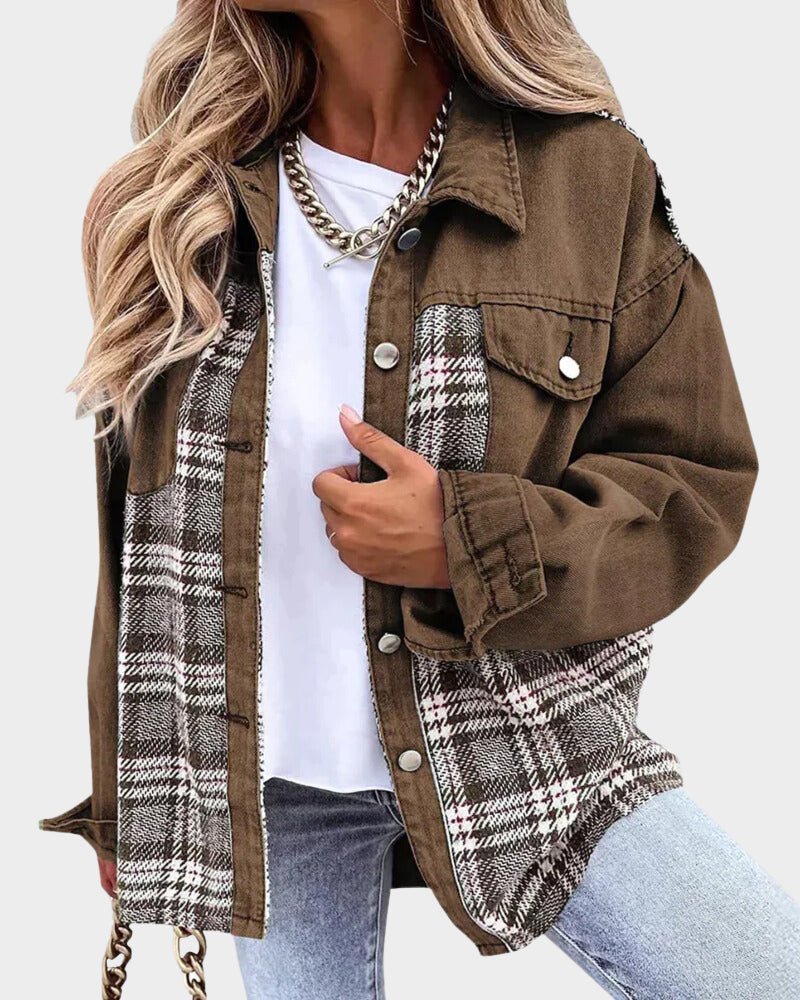 Relaxed Denim Shacket with Plaid Contrast Panels