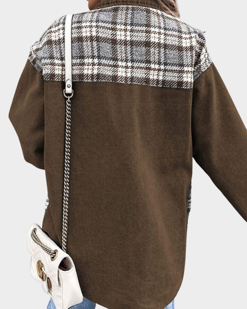 Relaxed Denim Shacket with Plaid Contrast Panels