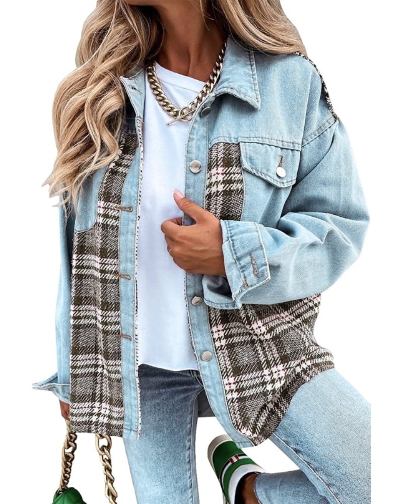 Relaxed Denim Shacket with Plaid Contrast Panels