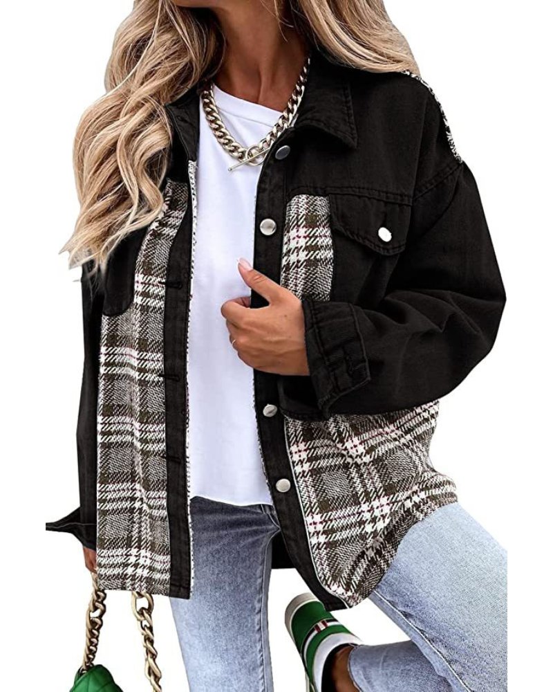 Relaxed Denim Shacket with Plaid Contrast Panels