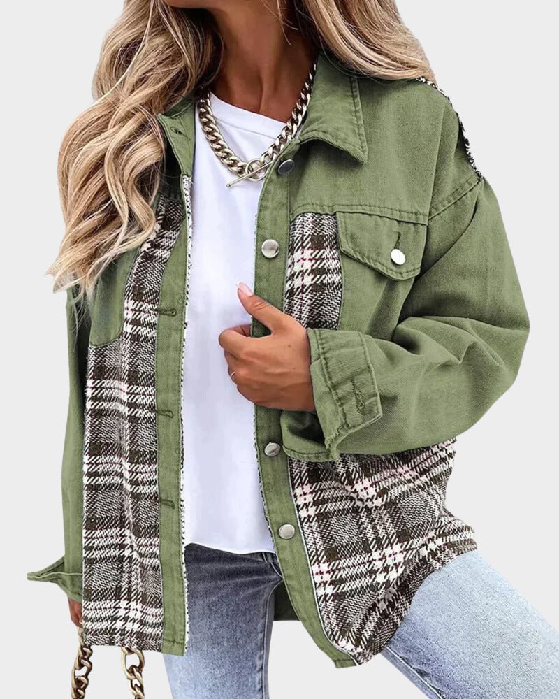 Relaxed Denim Shacket with Plaid Contrast Panels