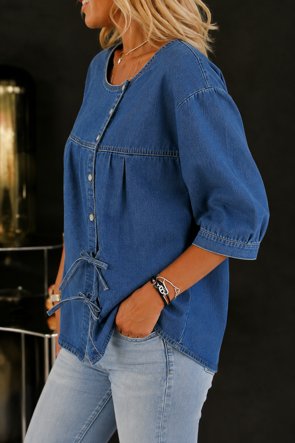 Relaxed Denim Top with Gathered Front and Bow Tie Detail