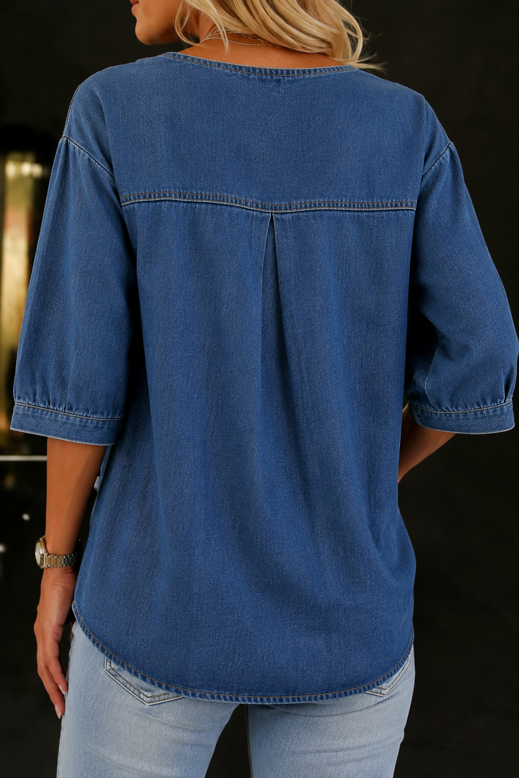 Relaxed Denim Top with Gathered Front and Bow Tie Detail