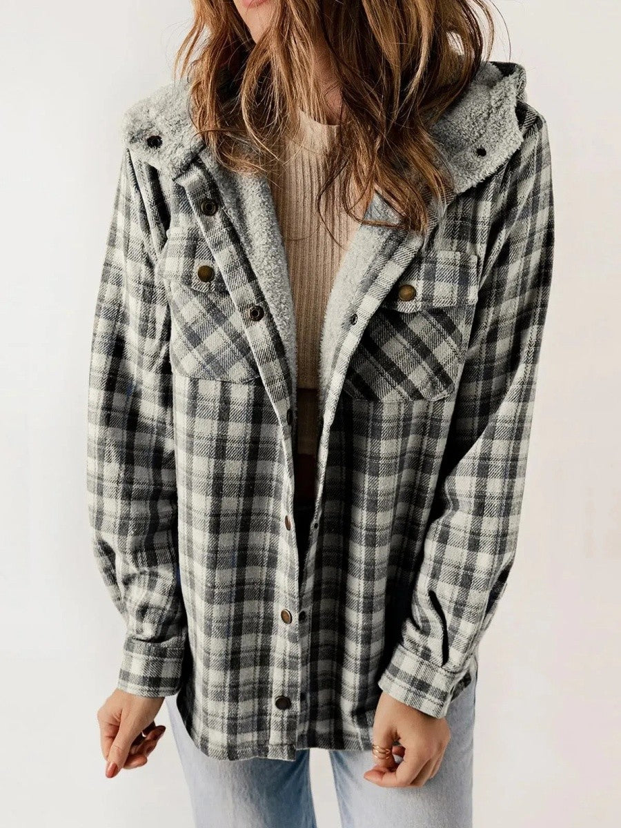 Relaxed Fit Check Flannel Shacket with Sherpa Lined Hood