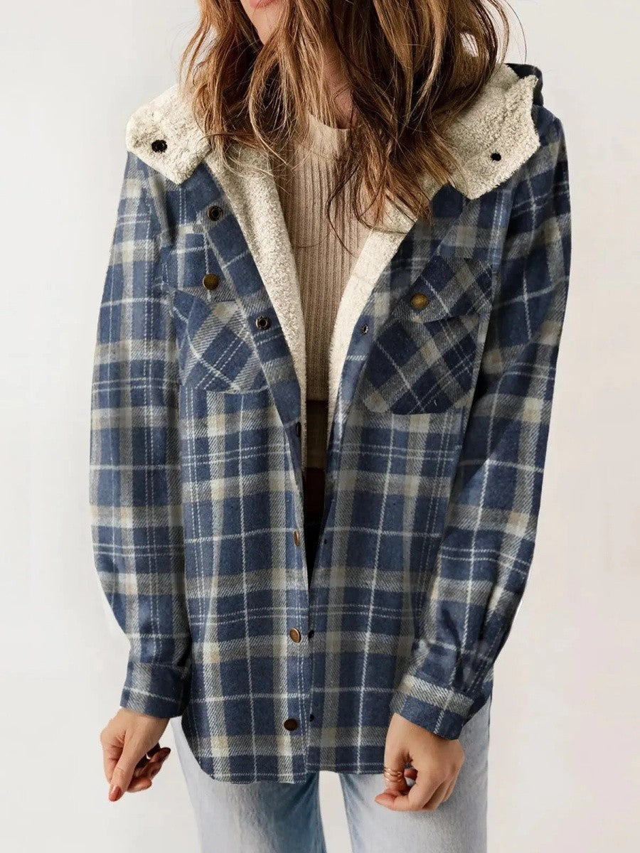 Relaxed Fit Check Flannel Shacket with Sherpa Lined Hood