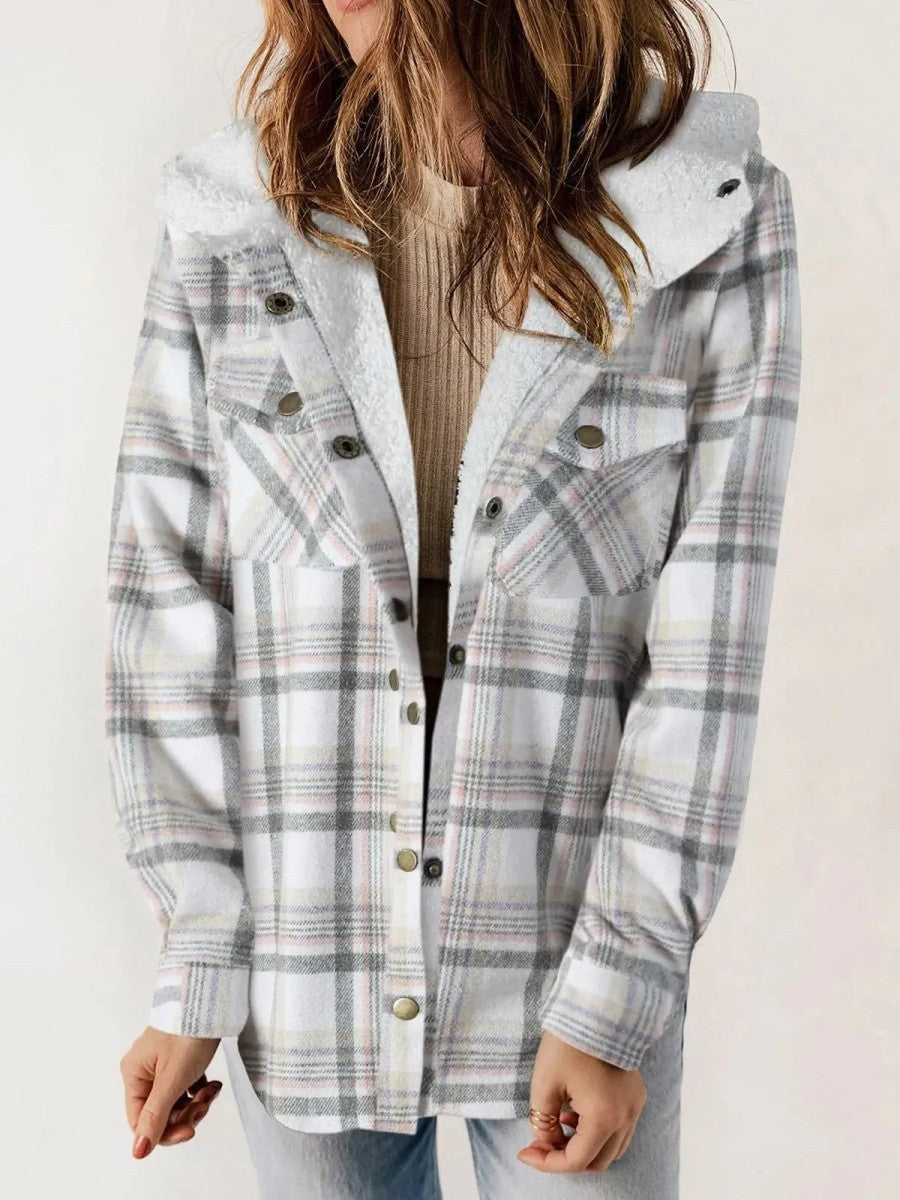 Relaxed Fit Check Flannel Shacket with Sherpa Lined Hood
