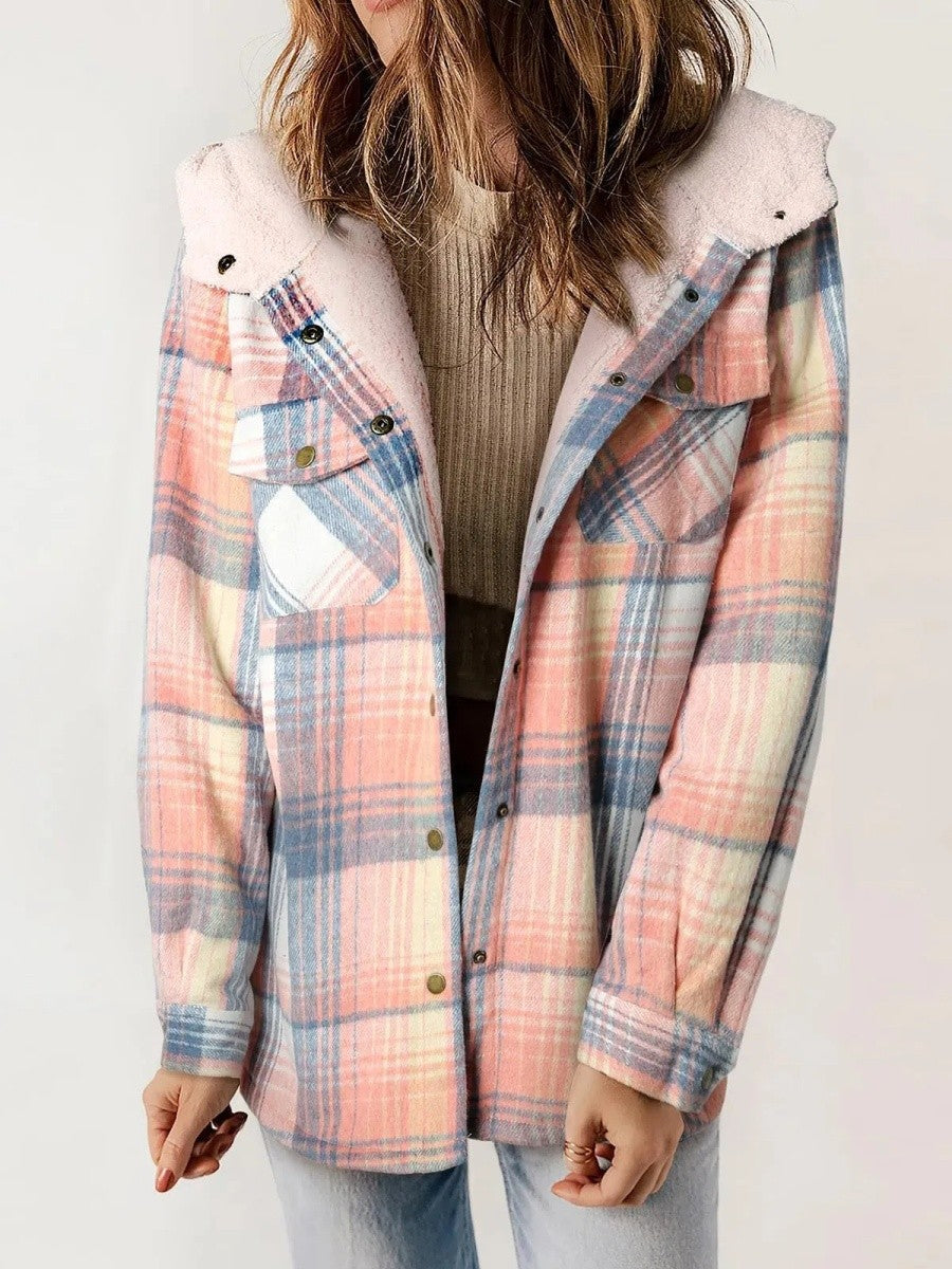 Relaxed Fit Check Flannel Shacket with Sherpa Lined Hood