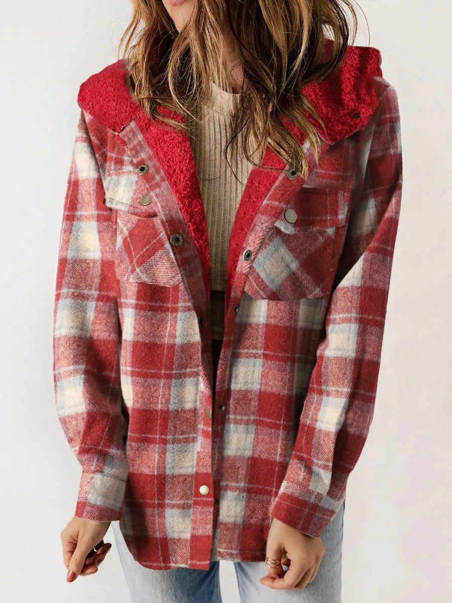 Relaxed Fit Check Flannel Shacket with Sherpa Lined Hood