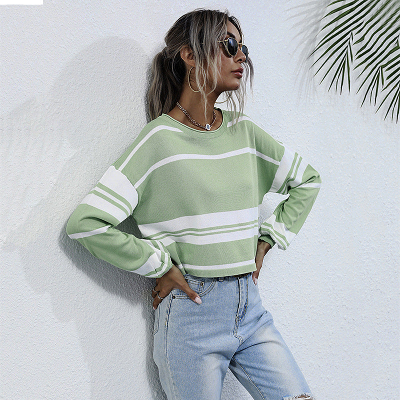 Relaxed Green Striped Long Sleeve Sweatshirt with Round Neck