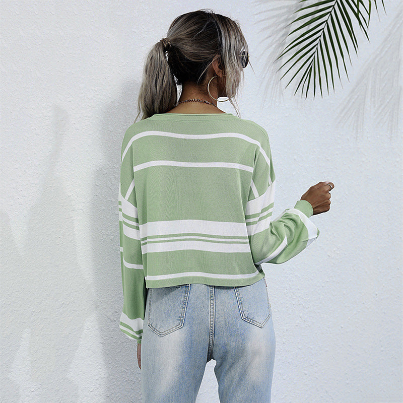 Relaxed Green Striped Long Sleeve Sweatshirt with Round Neck