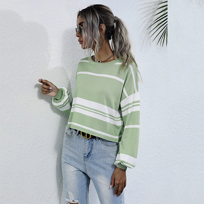 Relaxed Green Striped Long Sleeve Sweatshirt with Round Neck