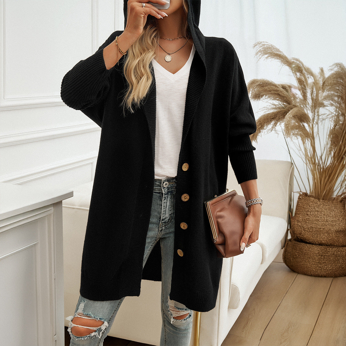 Relaxed Hooded Knit Cardigan with Button Front and Ribbed Cuffs