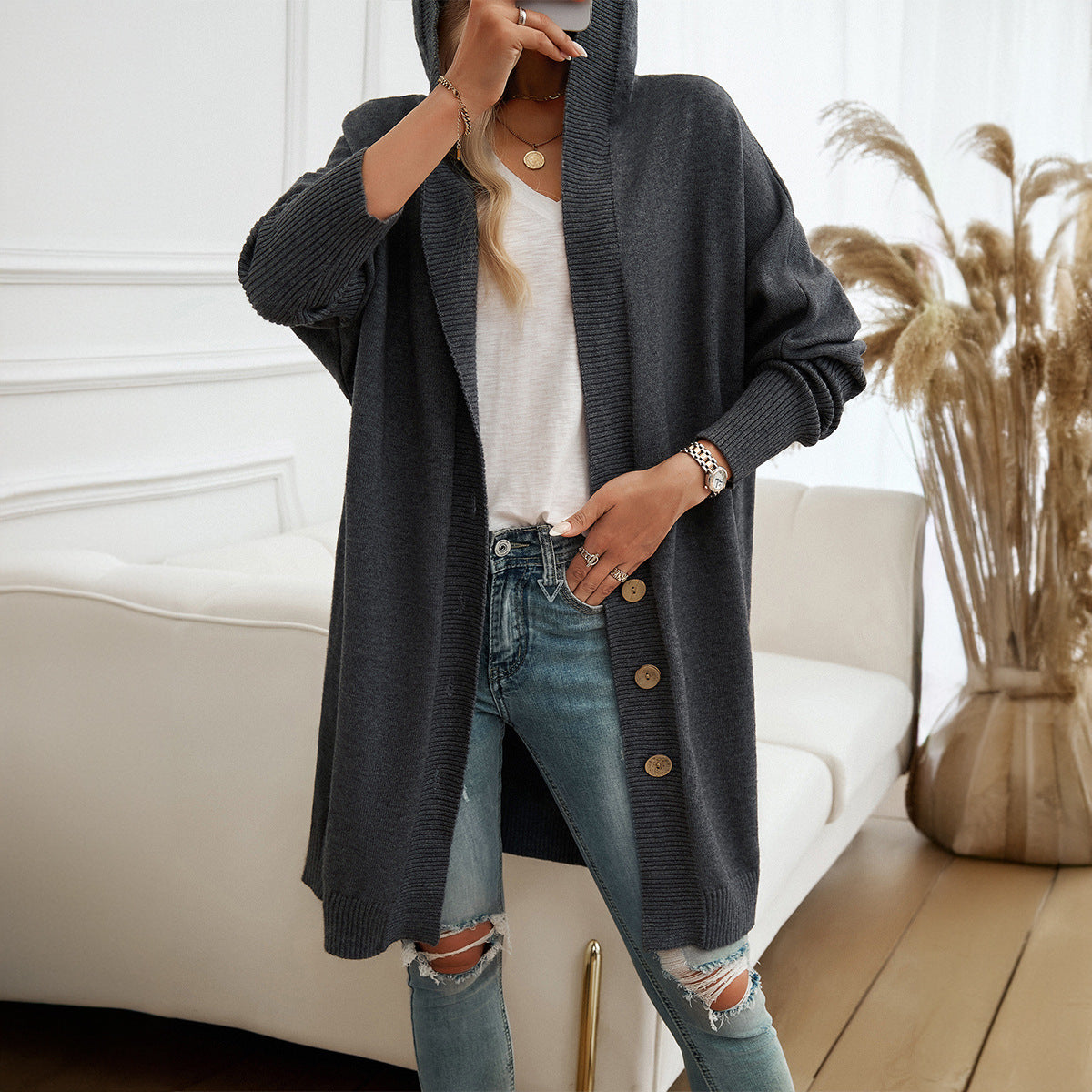 Relaxed Hooded Knit Cardigan with Button Front and Ribbed Cuffs