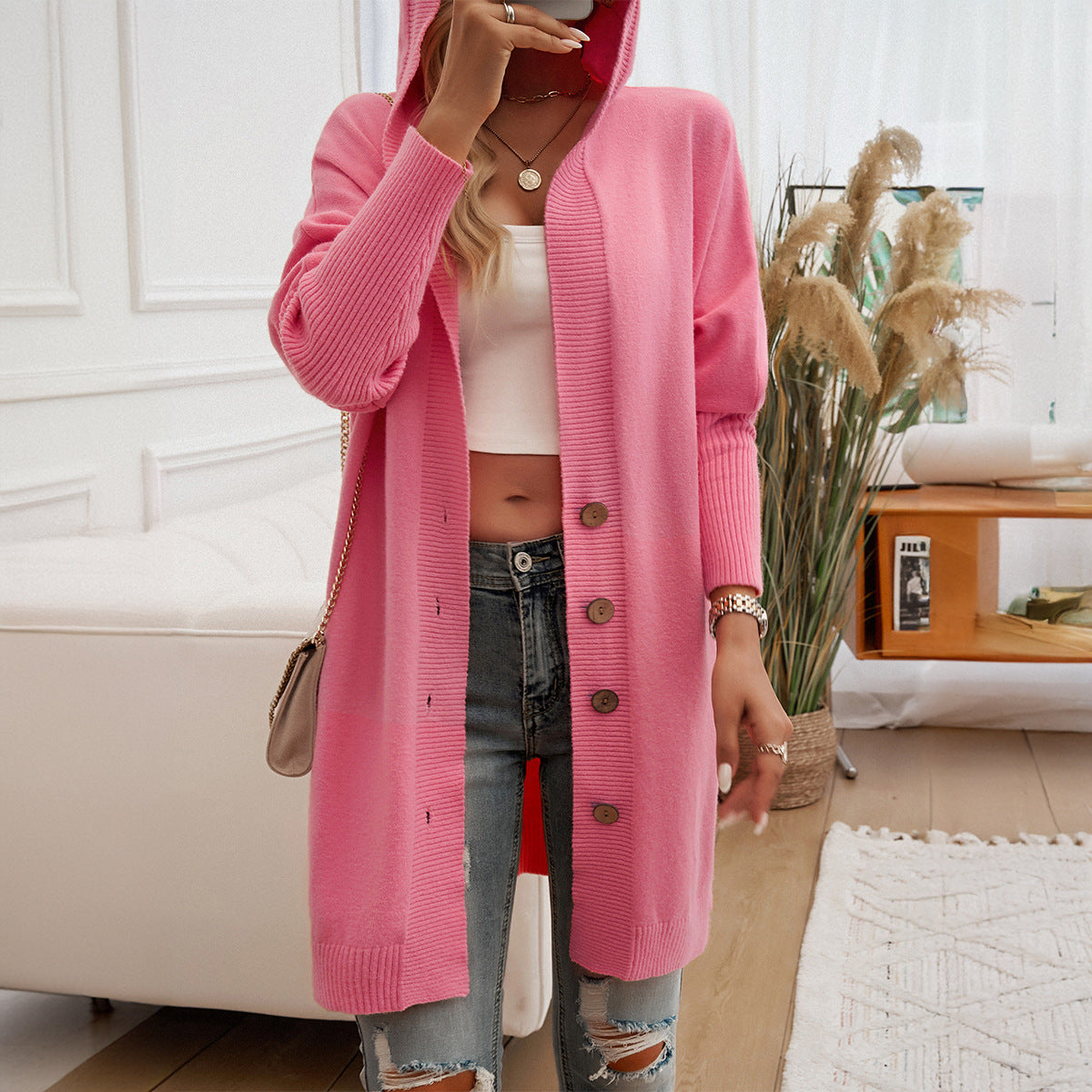 Relaxed Hooded Knit Cardigan with Button Front and Ribbed Cuffs
