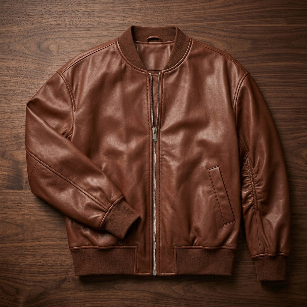 Relaxed Leather Bomber Jacket with Ribbed Cuffs and Hem