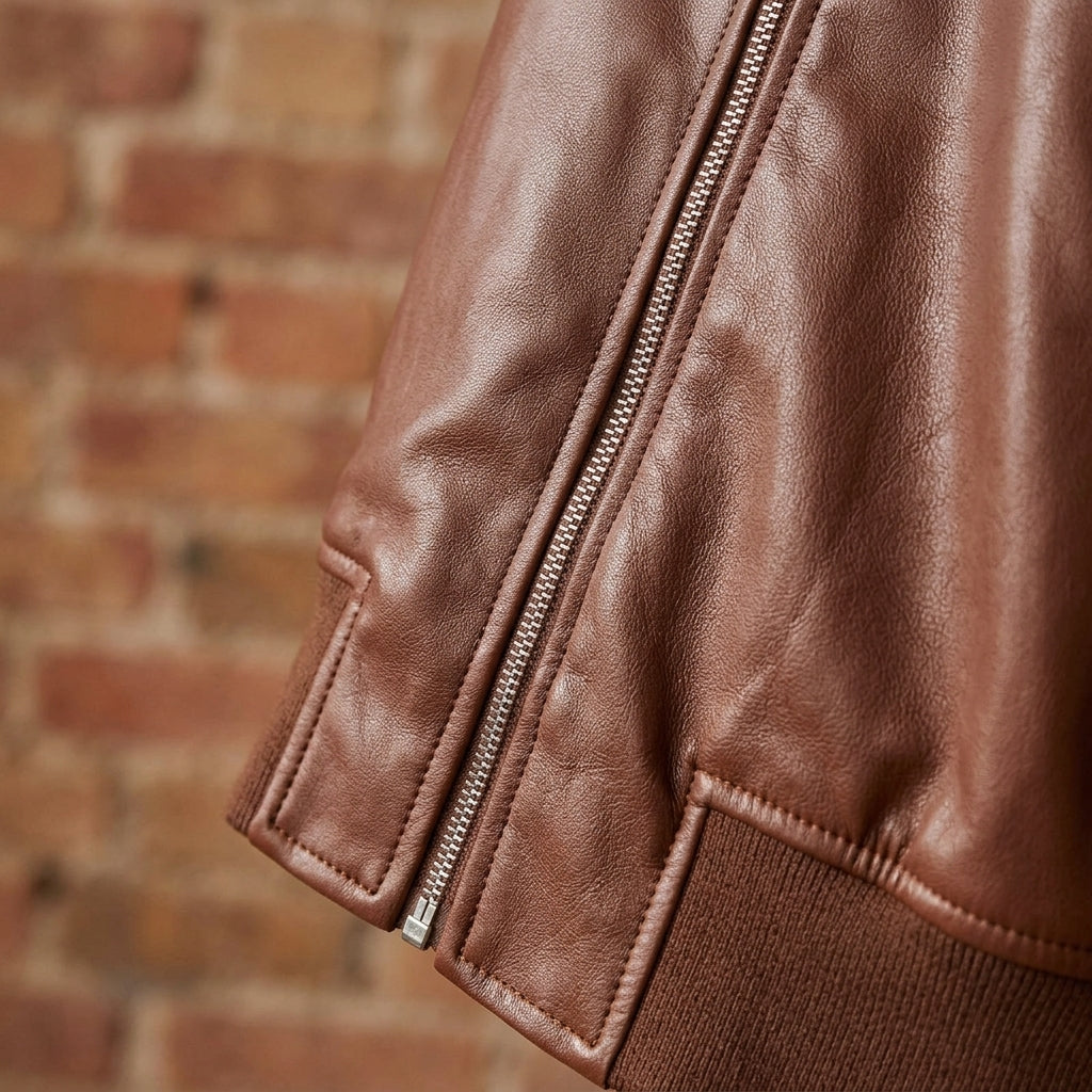 Relaxed Leather Bomber Jacket with Ribbed Cuffs and Hem