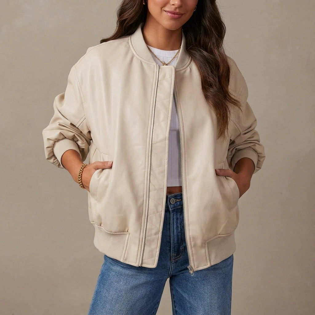 Relaxed Leather Bomber Jacket with Ribbed Cuffs and Hem