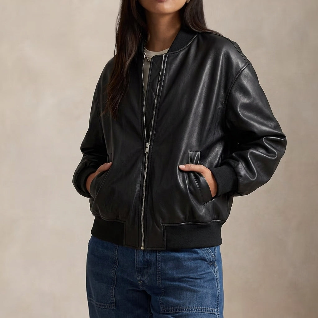 Relaxed Leather Bomber Jacket with Ribbed Cuffs and Hem
