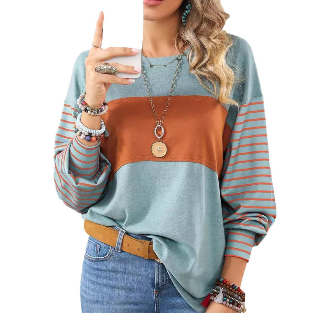 Relaxed Long Sleeve T-Shirt with Colour Block and Stripe Sleeves