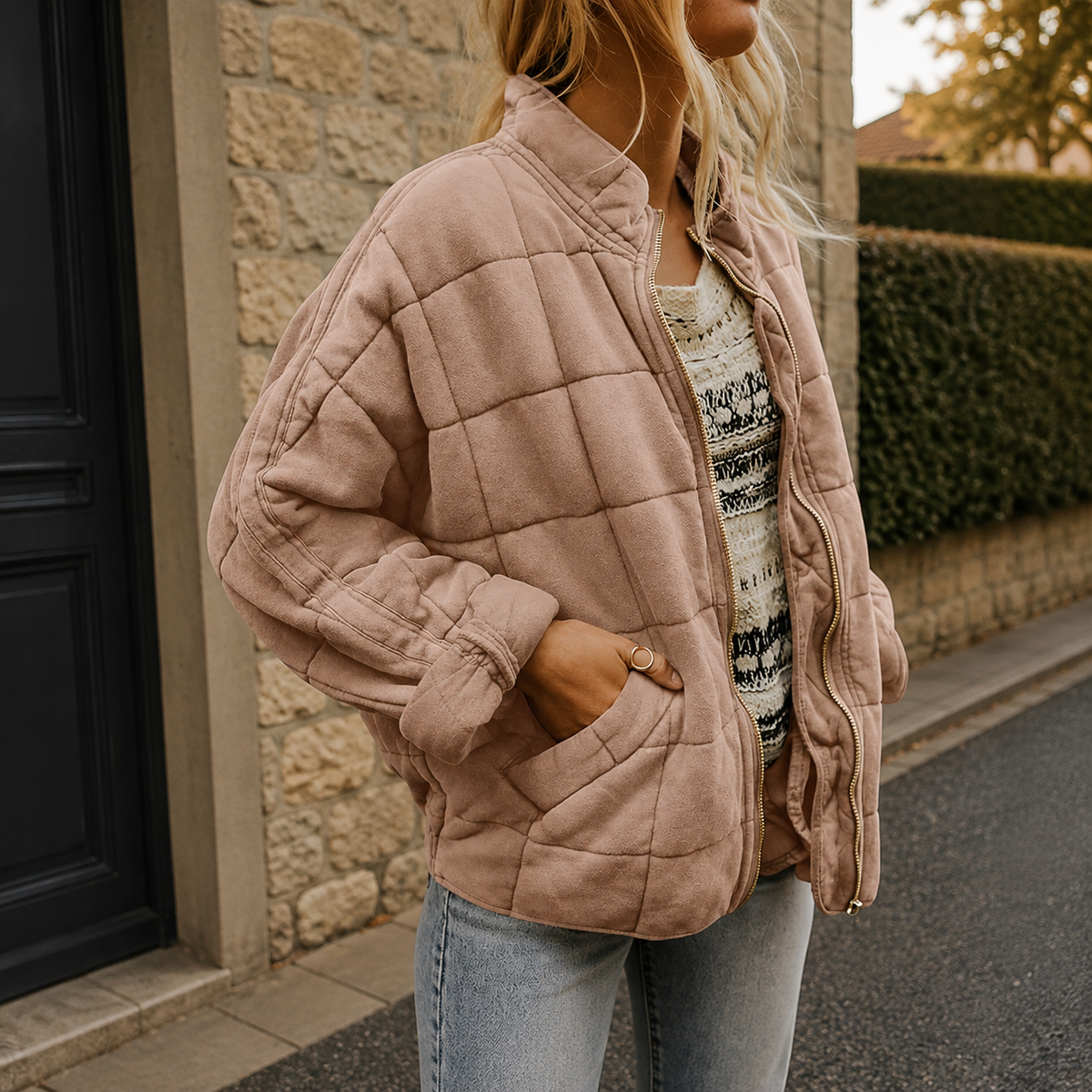 Relaxed Quilted Jacket with Stand Collar and Front Pockets